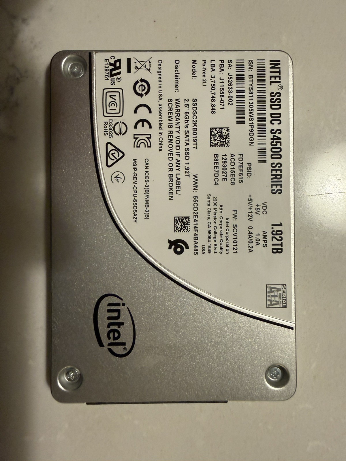 Intel DC S4500 Series 1.92TB 6Gbps 2.5 Inch SATA SSD SSDSC2KB019T7
