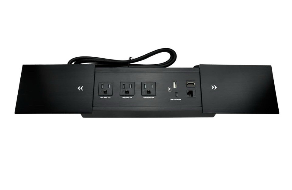 Conference Table Power Box Sliding Brush 3 Outlets USB-A USB-C HDMI Cat6 Black
