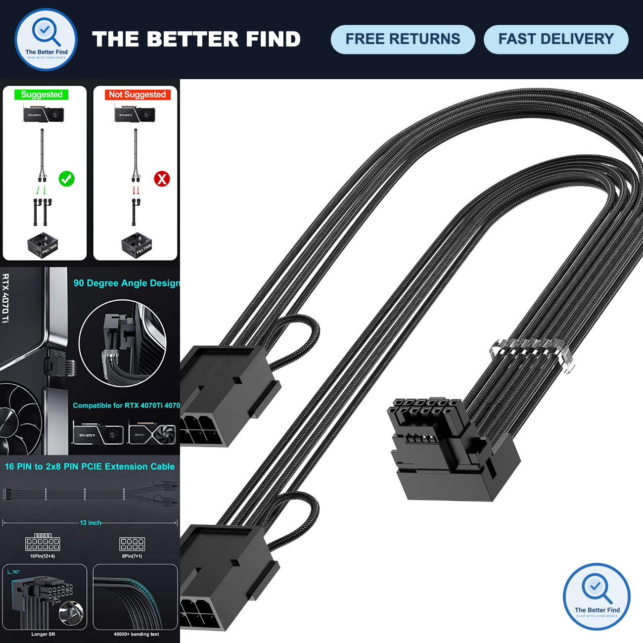 16Pin GPU Power Adapter Cable 90° Right Angle, PCIE 5.0 16Pin to 2x8Pin, 12VHPWR