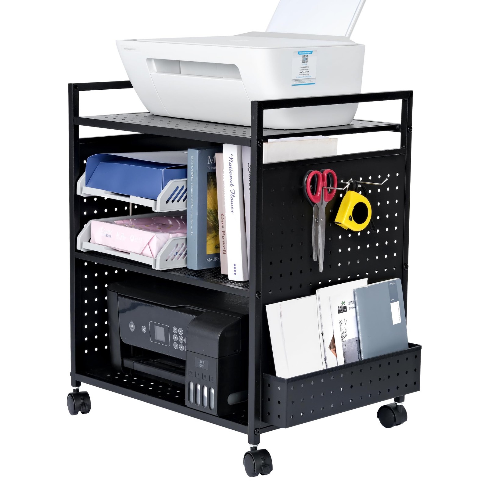 3-Tier Rolling Printer Stand with Pegboard and File Holder