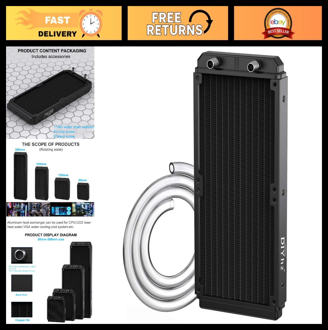 240mm Water Cooling Radiator, 12 Pipe Aluminum Heat Exchanger for CPU PC, Liquid