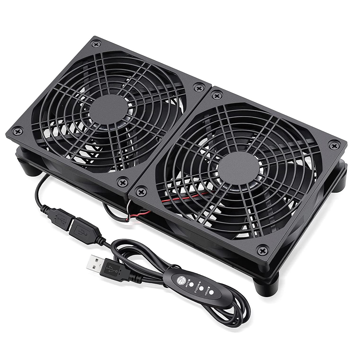 Quiet Router Fan Cooler with 3 Speed Control, L/M/H, DC 5V USB Powered Dual 120M