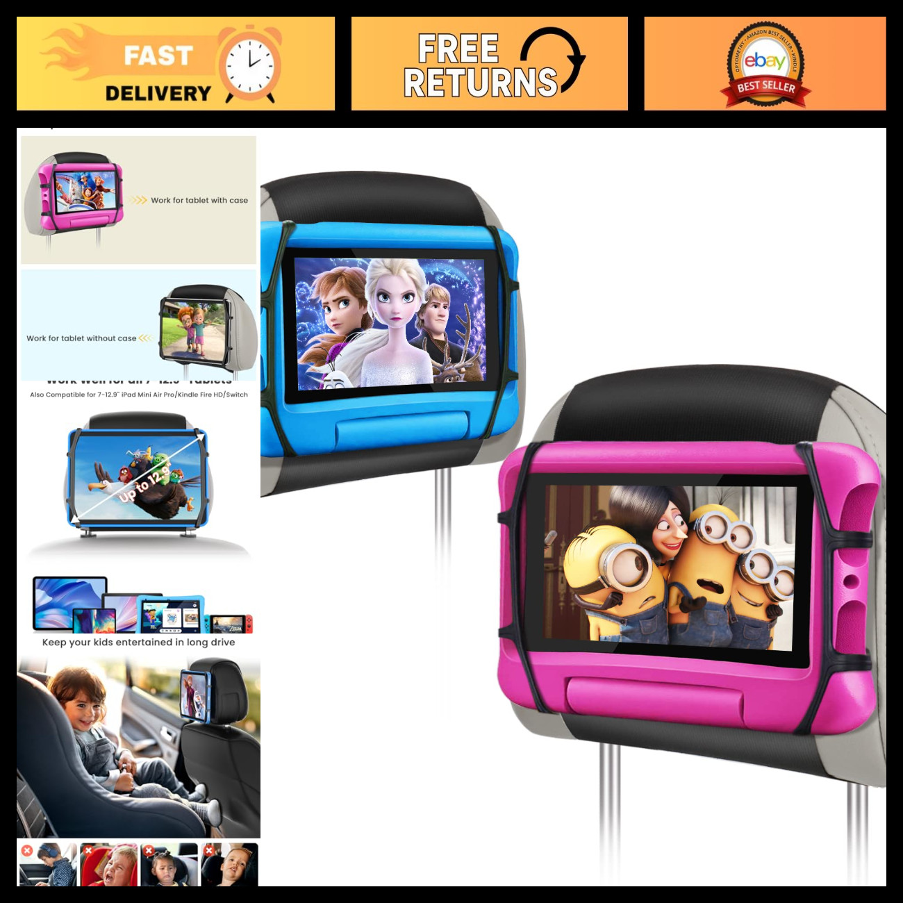 Universal Car Tablet Holder for Back Seat - Fits 7-12.9'' Tablets, Anti-Slip Str