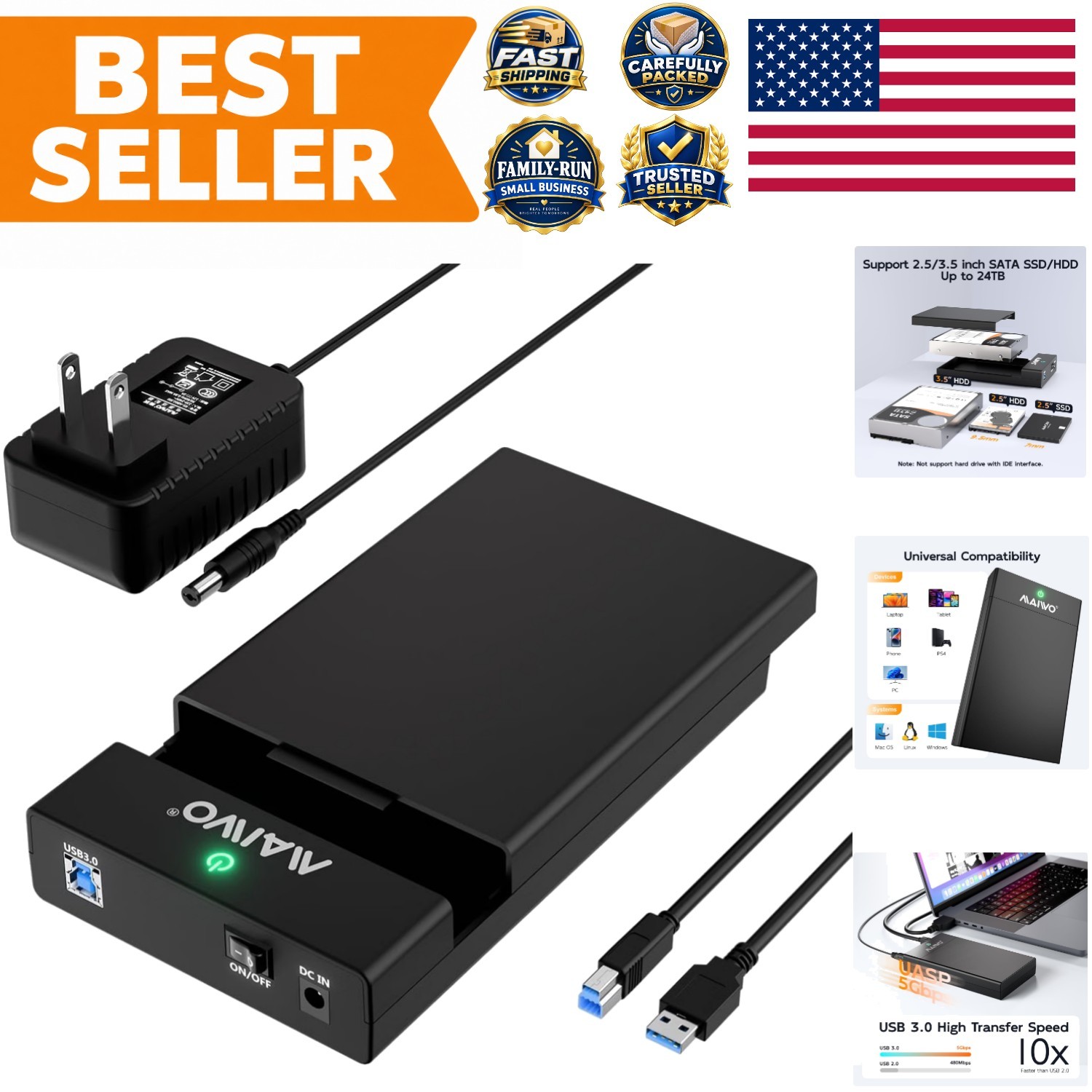 External Hard Drive Enclosure for 3.5 2.5 Inch SATA HDD SSD, USB 3.0 to SATA ...