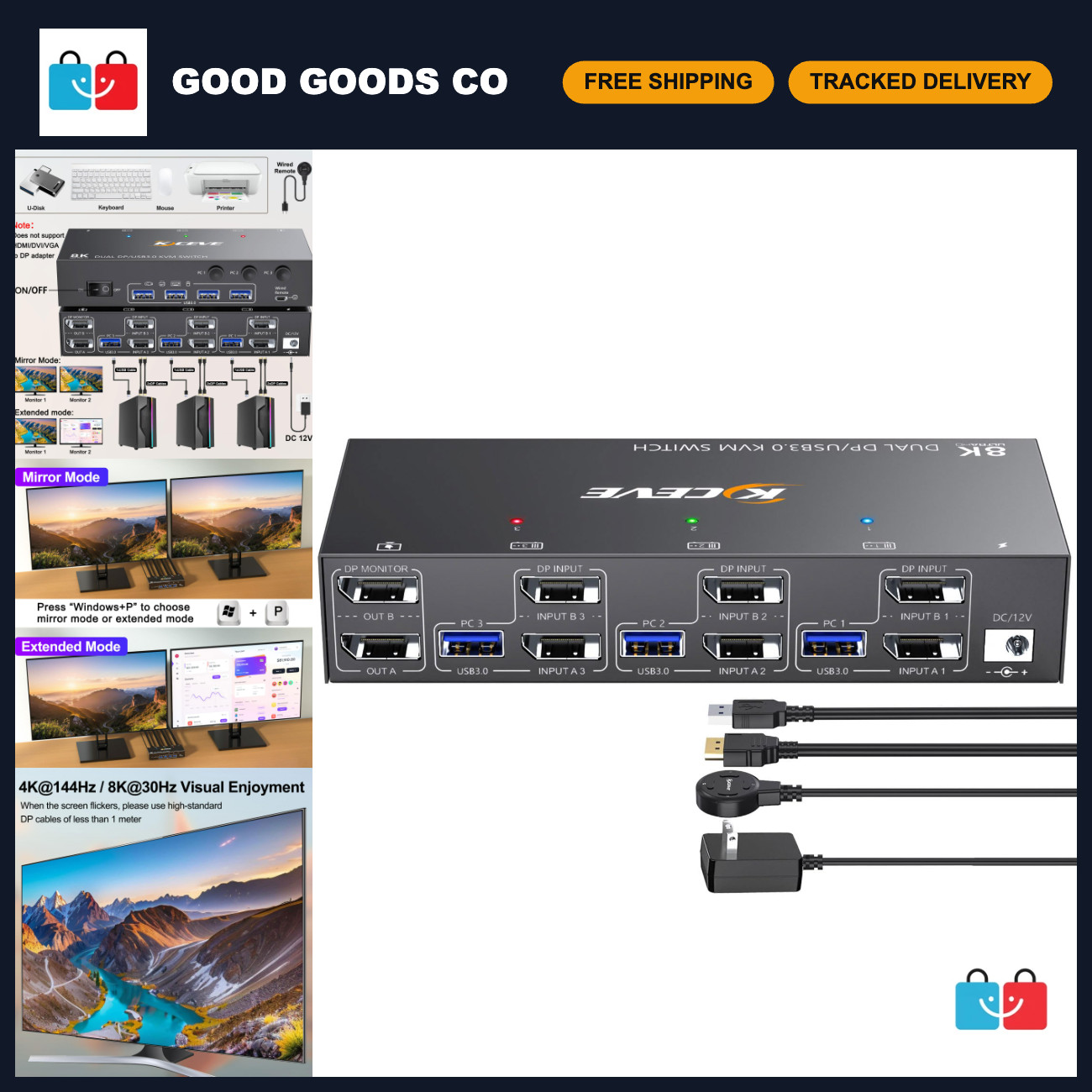 KVM Switch for 2 Monitors & 3 PCs, DisplayPort 4K@144Hz, Dual Monitor Setup