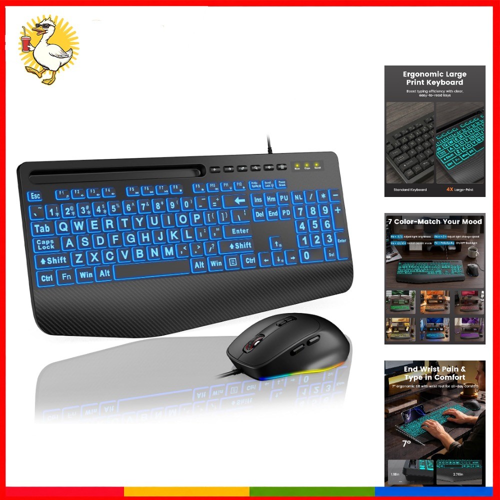 Wired Large Print Backlit Keyboard Mouse Combo with Palm Rest and