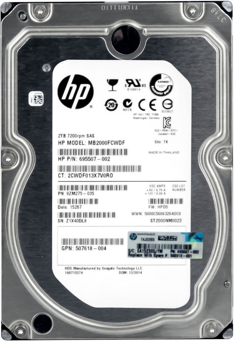 HARD DRIVE HP MB2000FCWDF 695507-002 2TB ST2000NM0023 7200RPM 128MB SAS 3.5'' 
