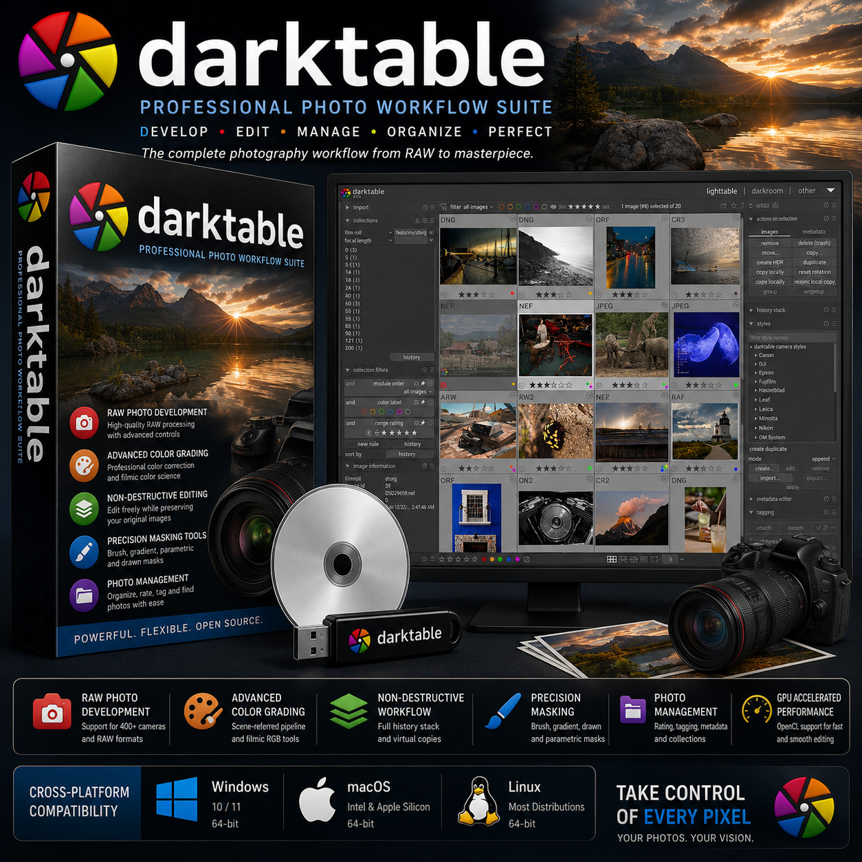 darktable | RAW Photo Editor | Lightroom Alternative | USB CD | Window Mac Linux