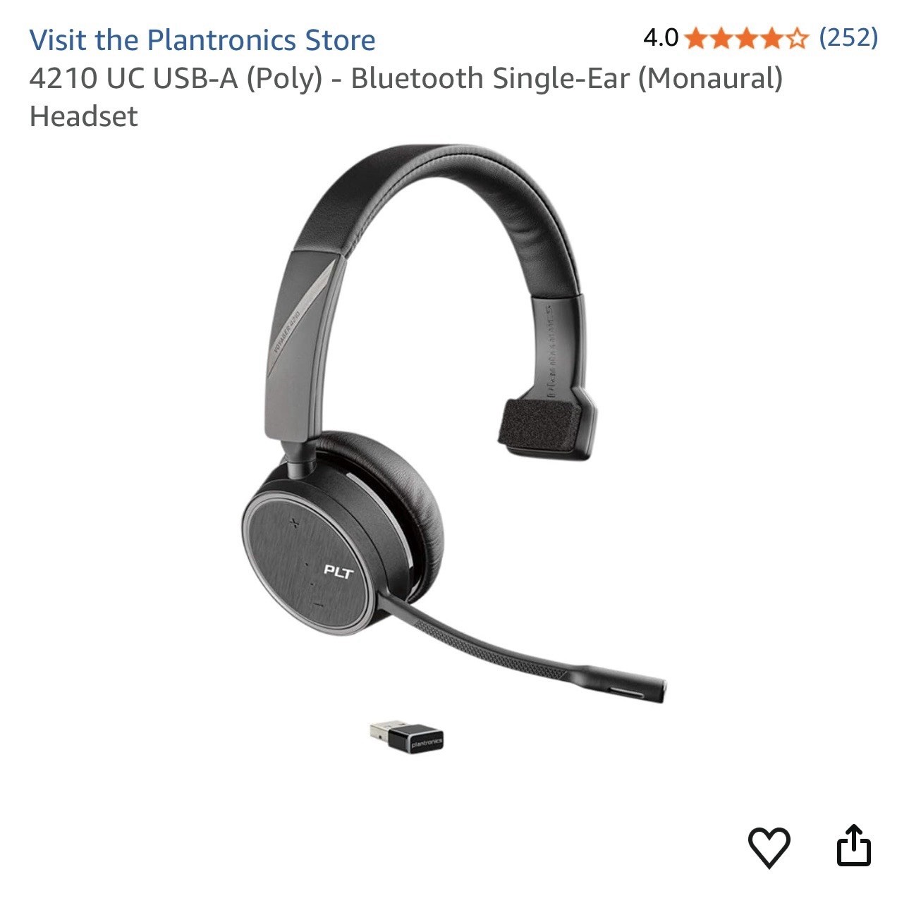 Plantronics Voyager 4210 UC Wireless Bluetooth Headset with USB-A Dongle -