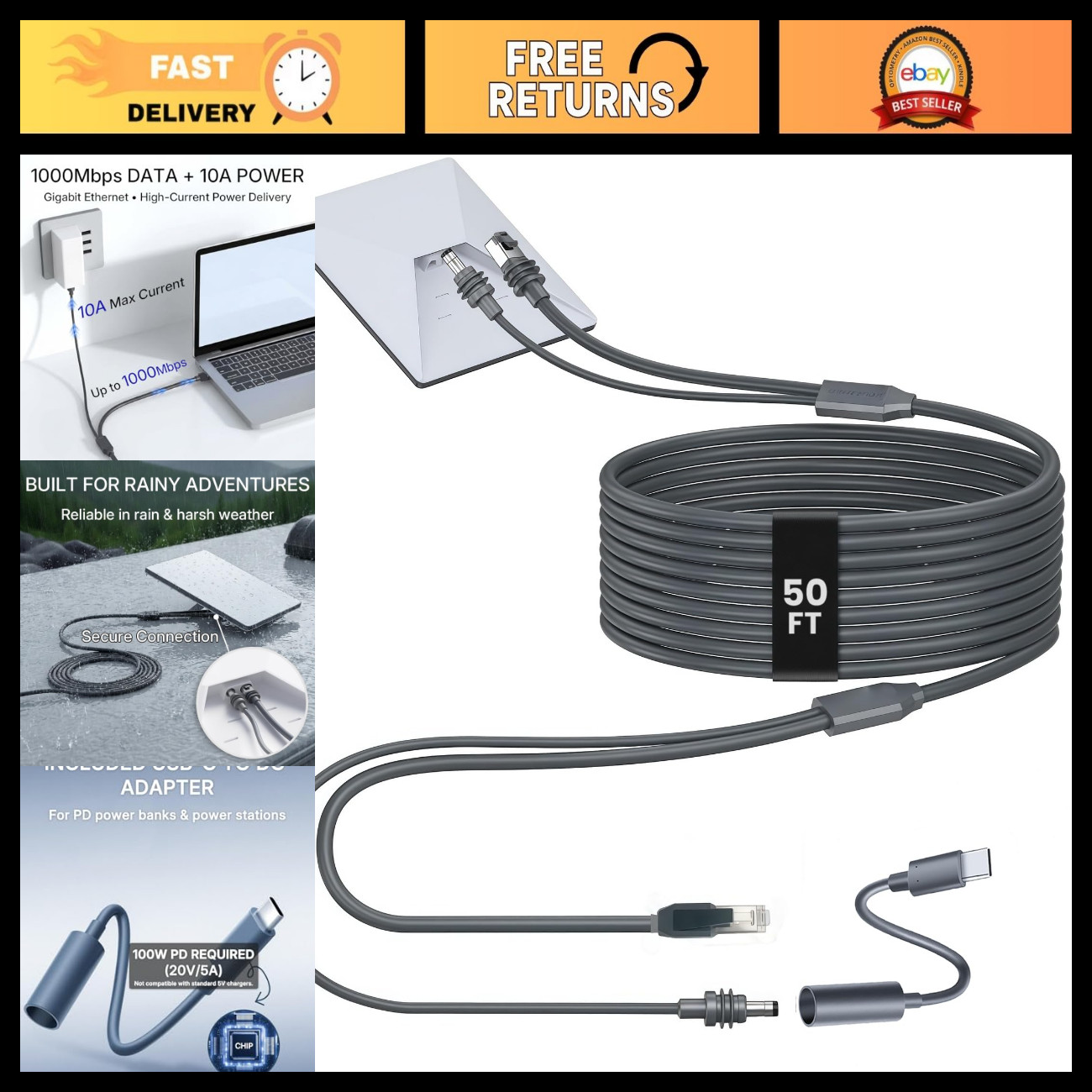 50FT Mini Ethernet Cable, 2-in-1 Power & Data for Starlink, High-Speed Connectio