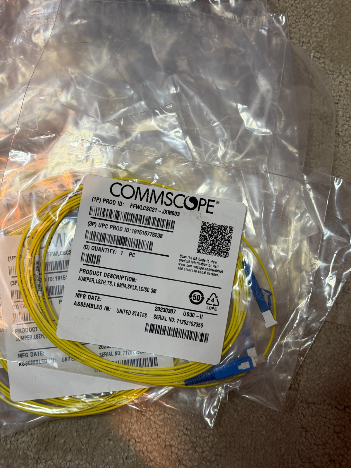 COMMSCOPE FFWLCSC21-JXM003 TeraSPEED Singlemode OS2 Fiber Optic Patch Cord