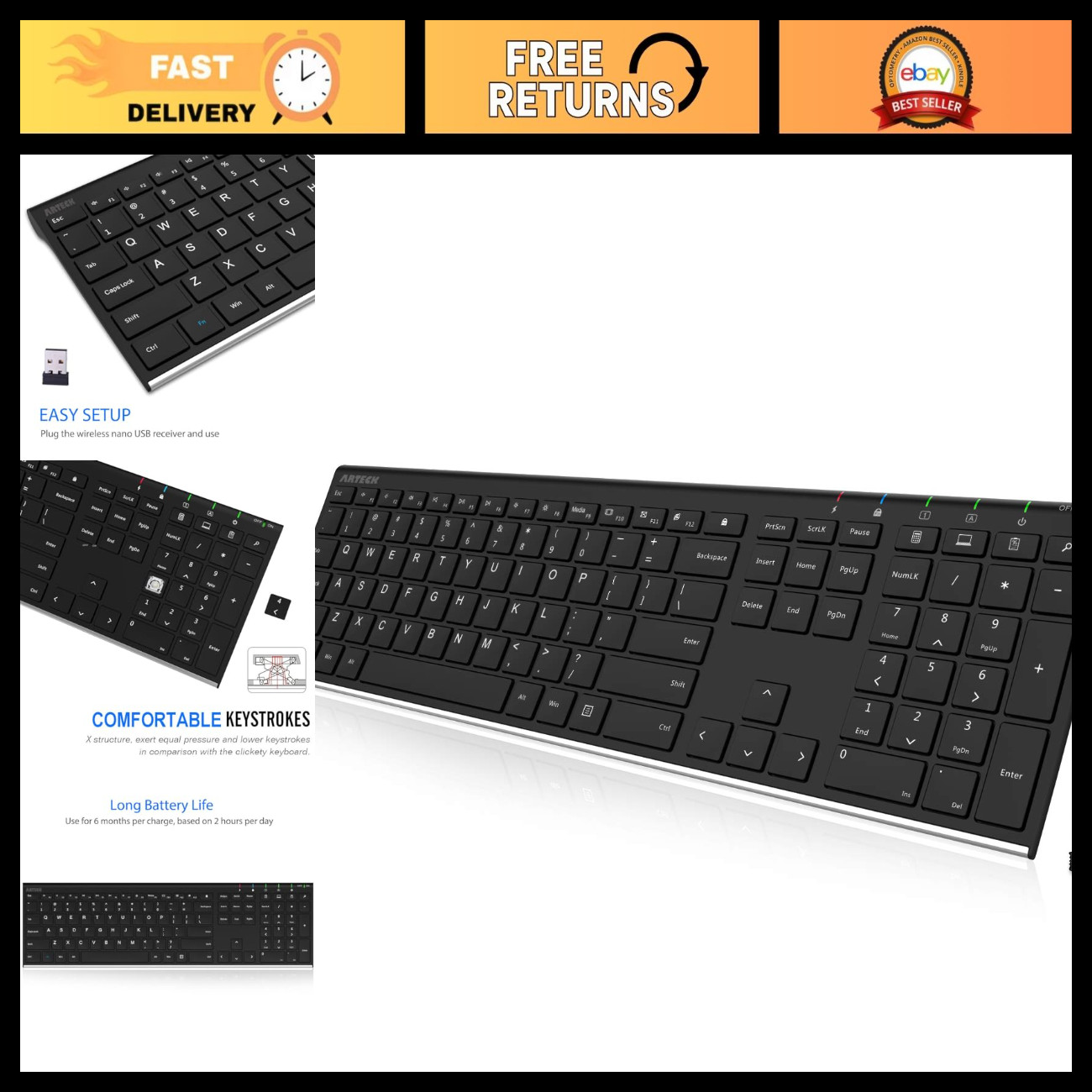 Wireless Full Size USB Keyboard for Computer PC Laptop - 2.4G Connectivity, Ergo