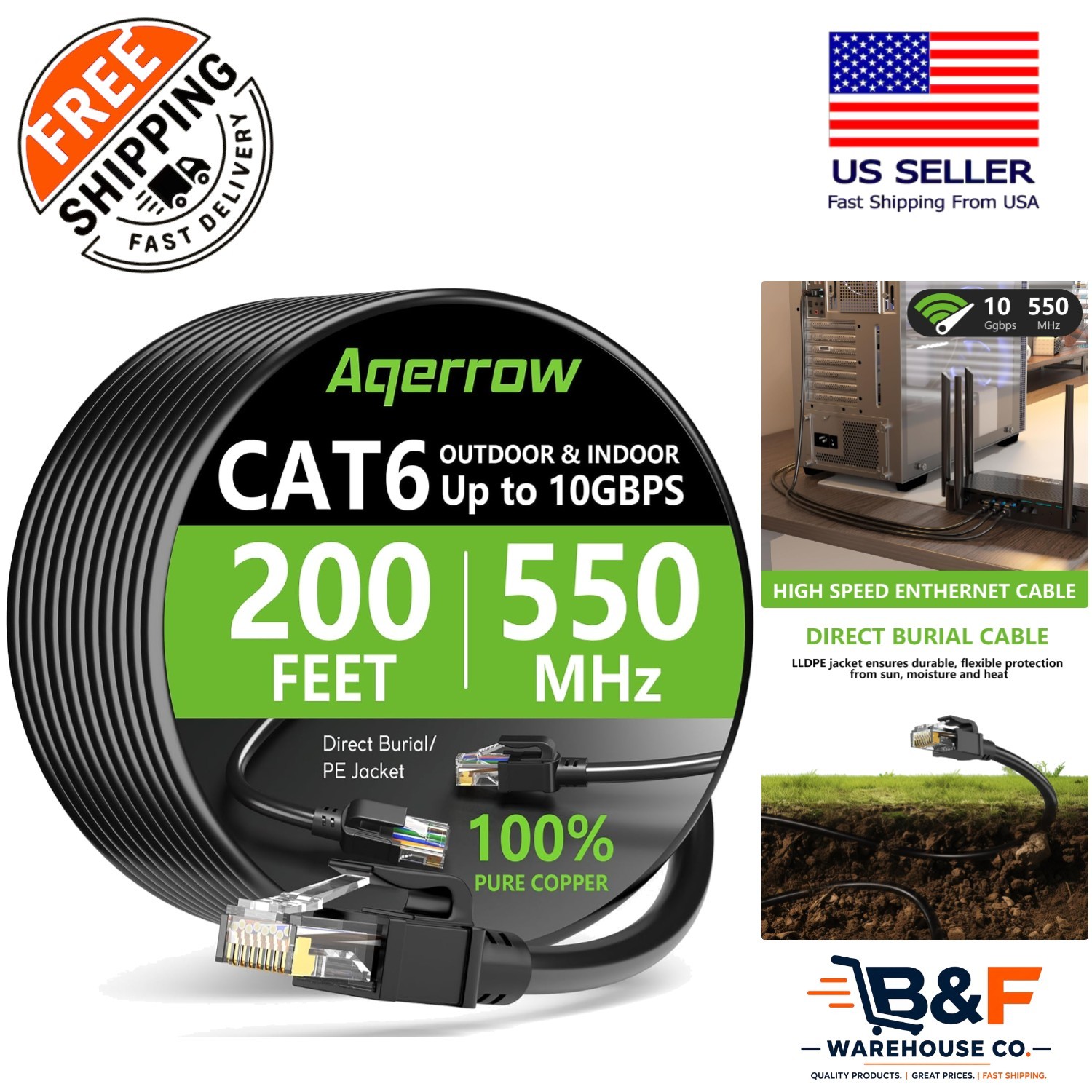 Durable Cat6 Ethernet Cable 200ft – 10Gbps High Speed, Outdoor Direct Burial