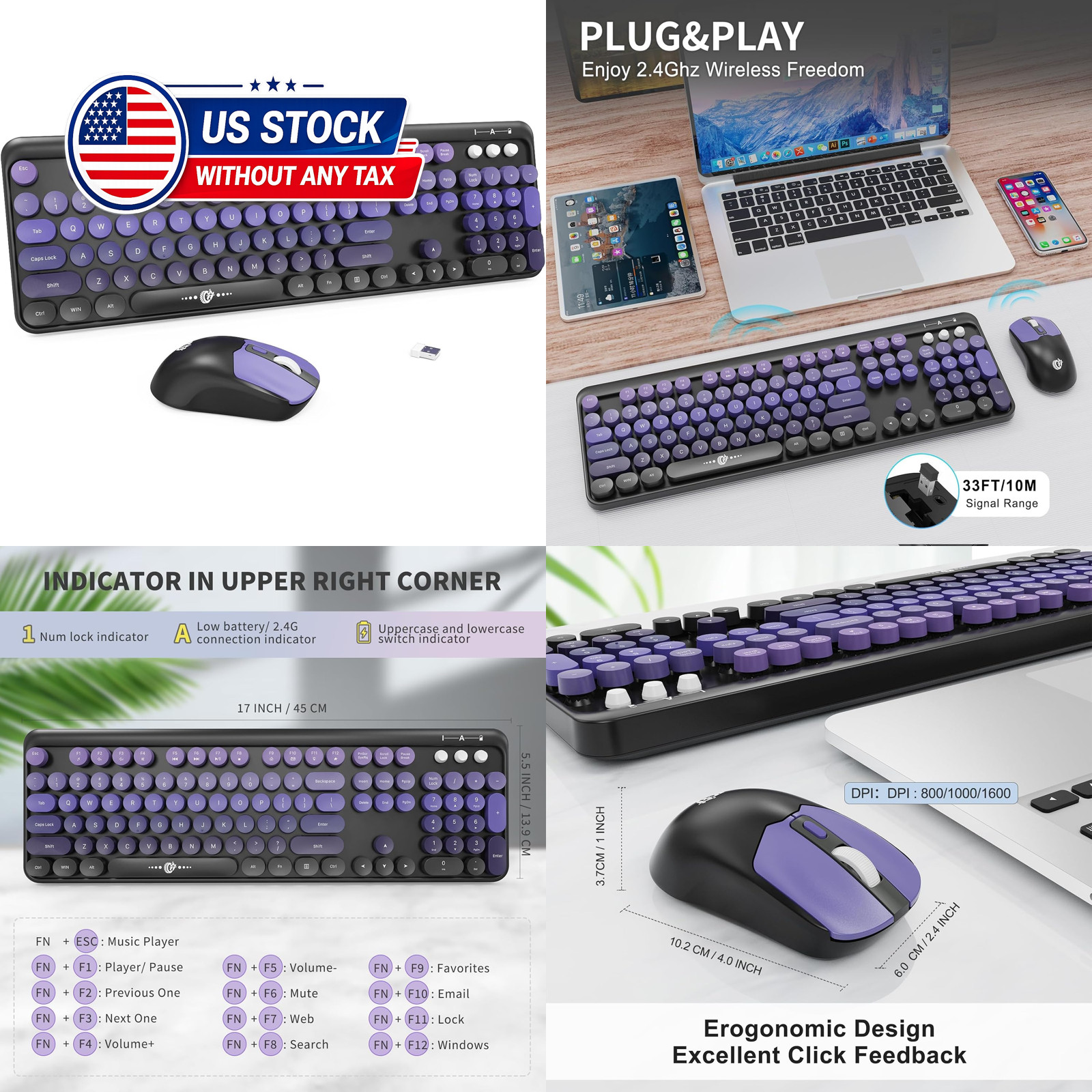 Wireless Keyboard and Mouse Combo | Cute Colorful Keyboard and Mouse with 2.4GHz
