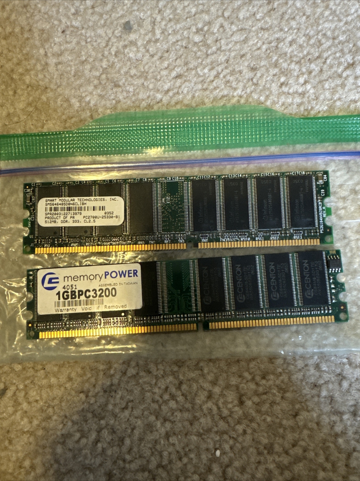 (2x) Lot Of 2 PC Ram Memory Card 1GBPC3200 512MB Make Offer