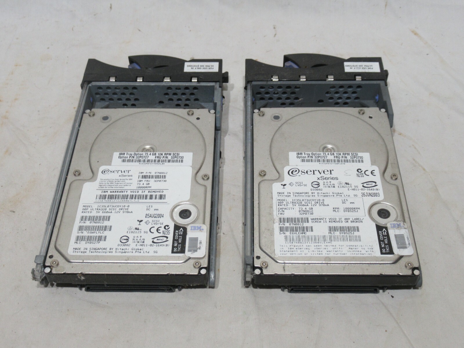 (2) IC35L073UCDY10-0 IBM 73GB 10K RPM, SCSI U320  32P0730 HARD DRIVE with TRAY