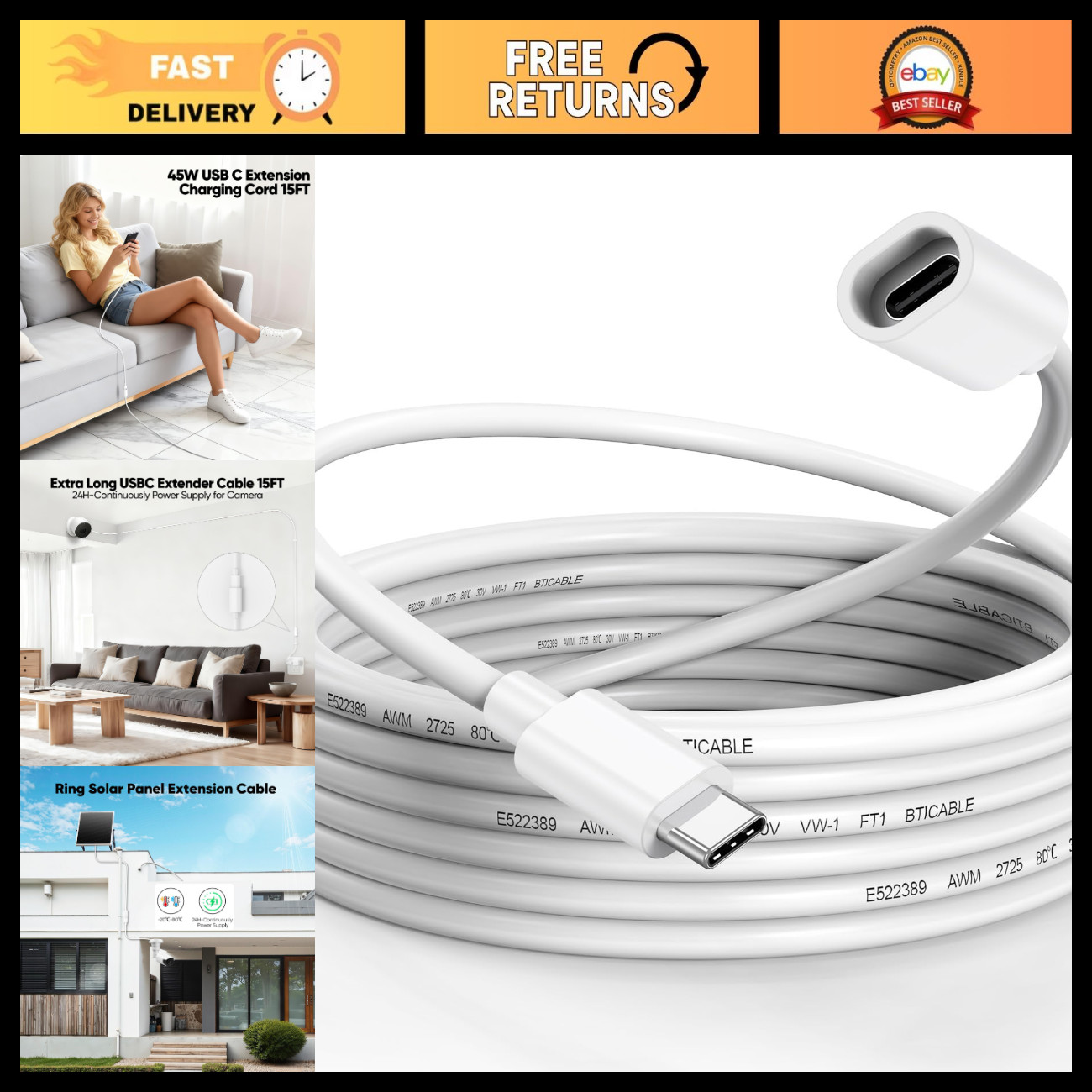 15FT USB-C Extension Cable for Solar Panel, Security Camera, Fast Charging