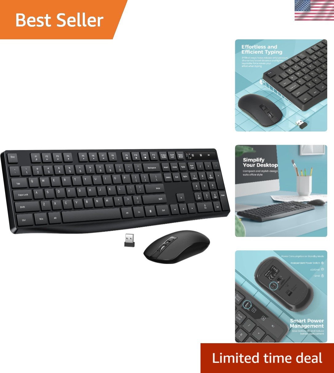 Lightweight Wireless Keyboard & Mouse Combo - Smart Power-Saving and Quiet Use