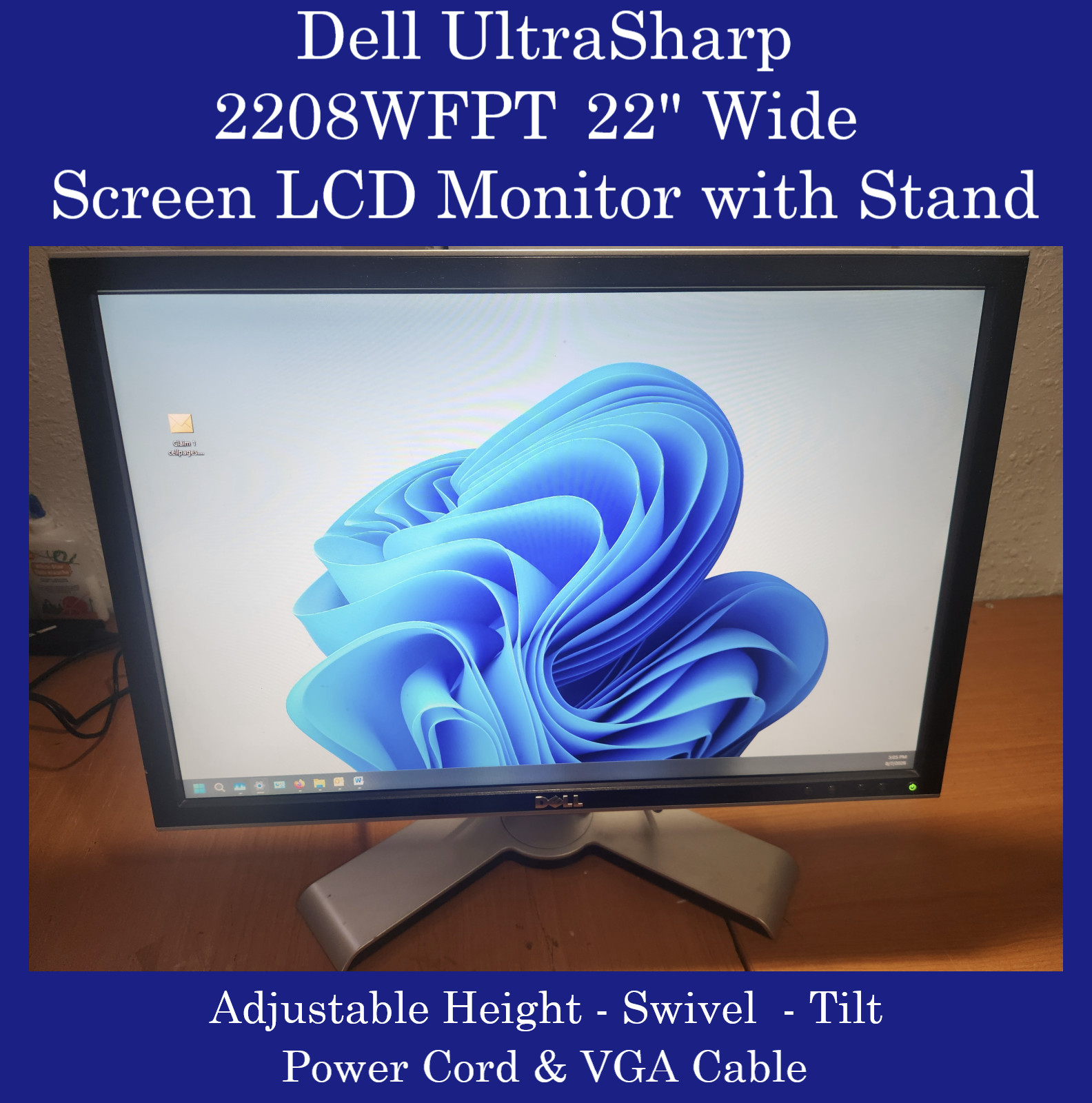 Dell UltraSharp 2208WFPT 22" Wide Screen LCD Monitor w/Stand Power VGA Cables