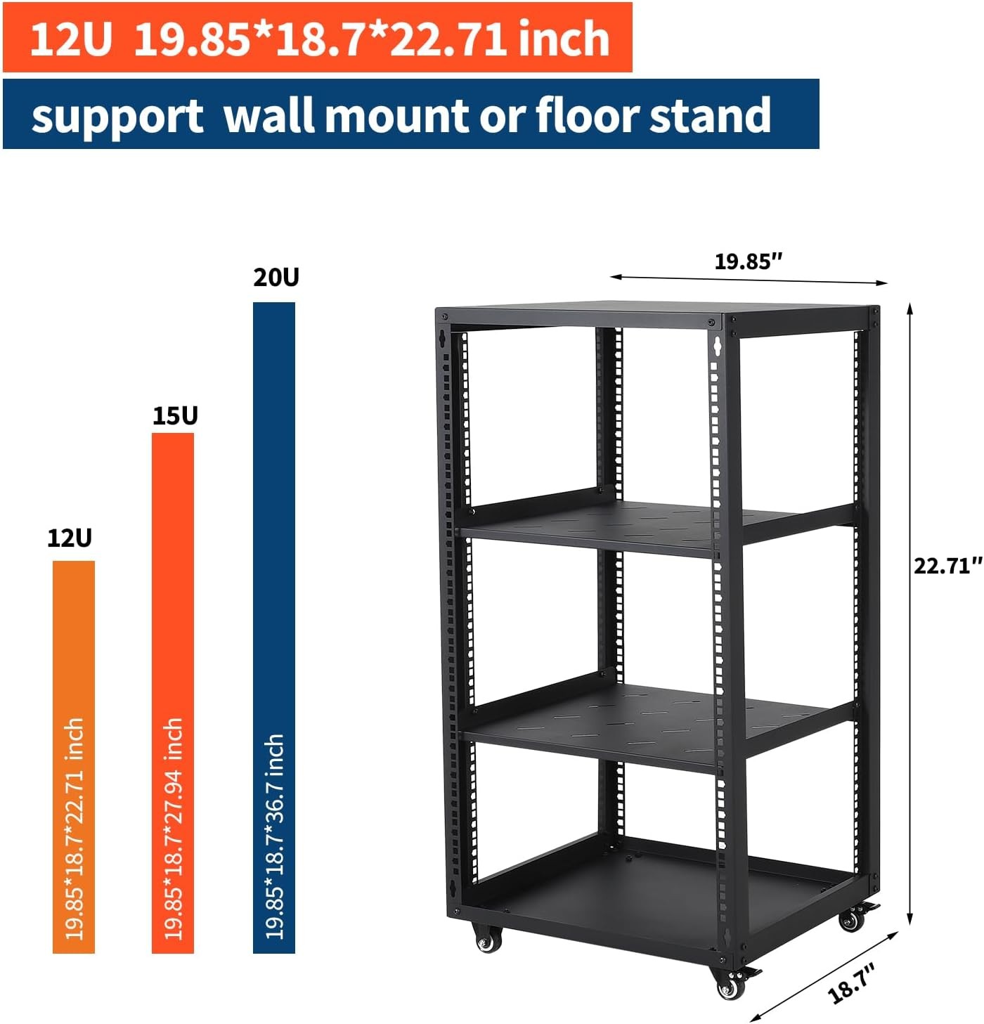 Heavy Duty 12U 15U 20U Open Frame Network Rack with 4 Casters for IT & AV Gear