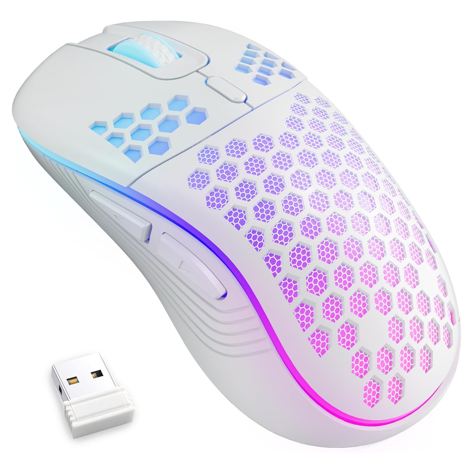 Wireless Gaming Mouse RGB Rechargeable Lightweight Honeycomb White