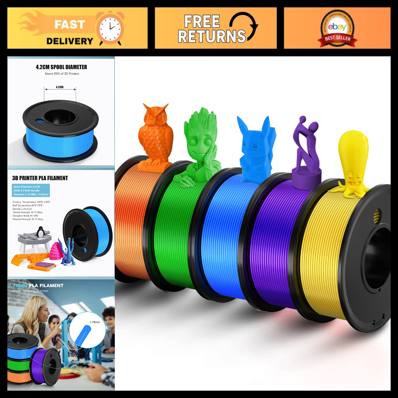 PLA 1.75mm 3D Printer Filament Bundle - 5 Vibrant Colors for Quality Printing