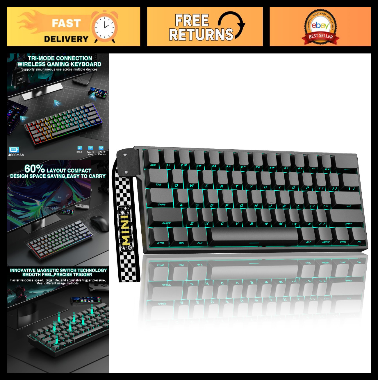 Compact 60% Wireless Gaming Keyboard, Hall Effect, RGB, 8000Hz Polling, Hot Swap