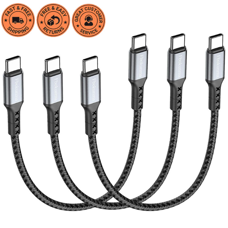 3 Pack Short USB C to USB C Cable 8 Inch 65W PD Fast Charger Braided Cord