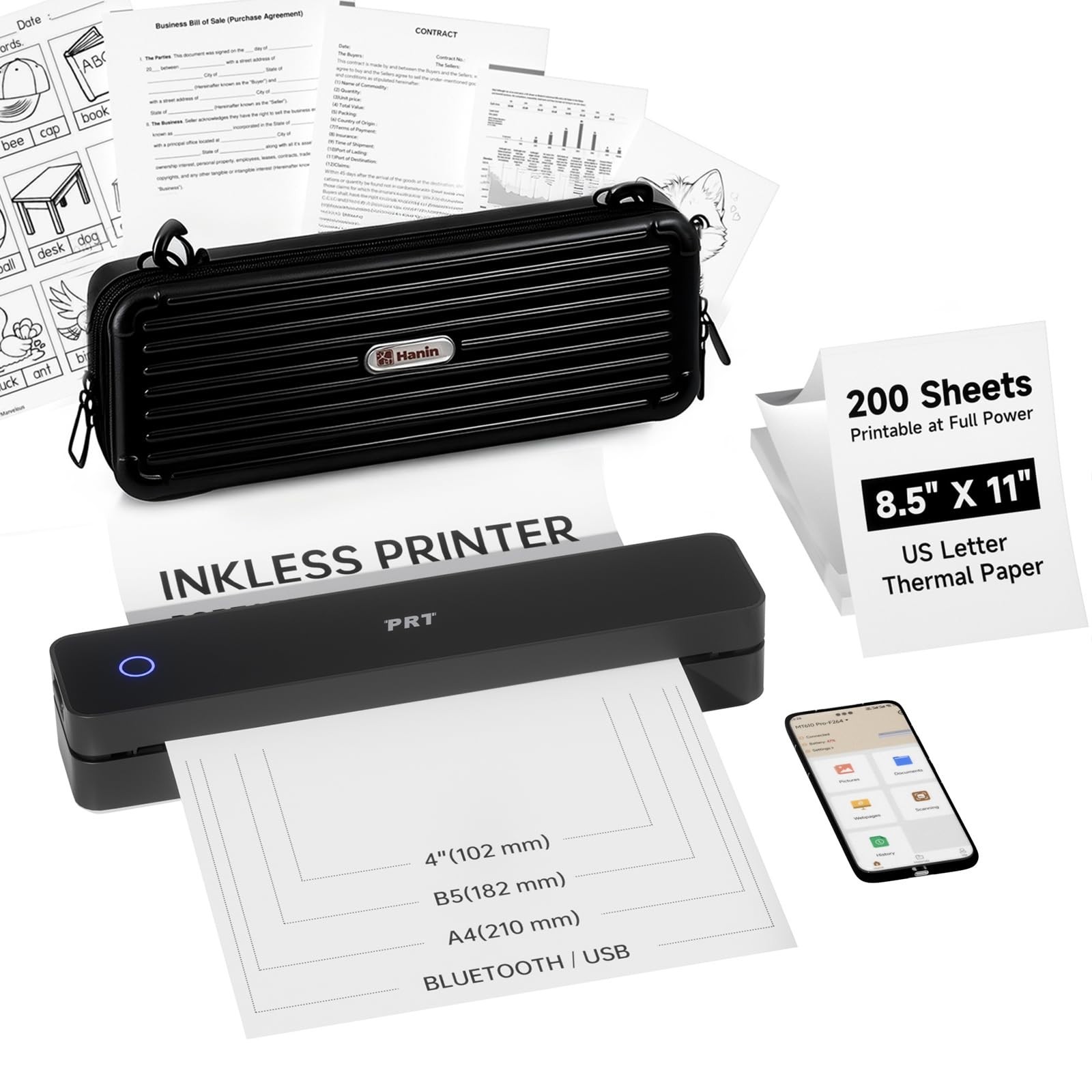 Portable Wireless Travel Printer with Carry Case & Thermal Paper - Compact & Lig
