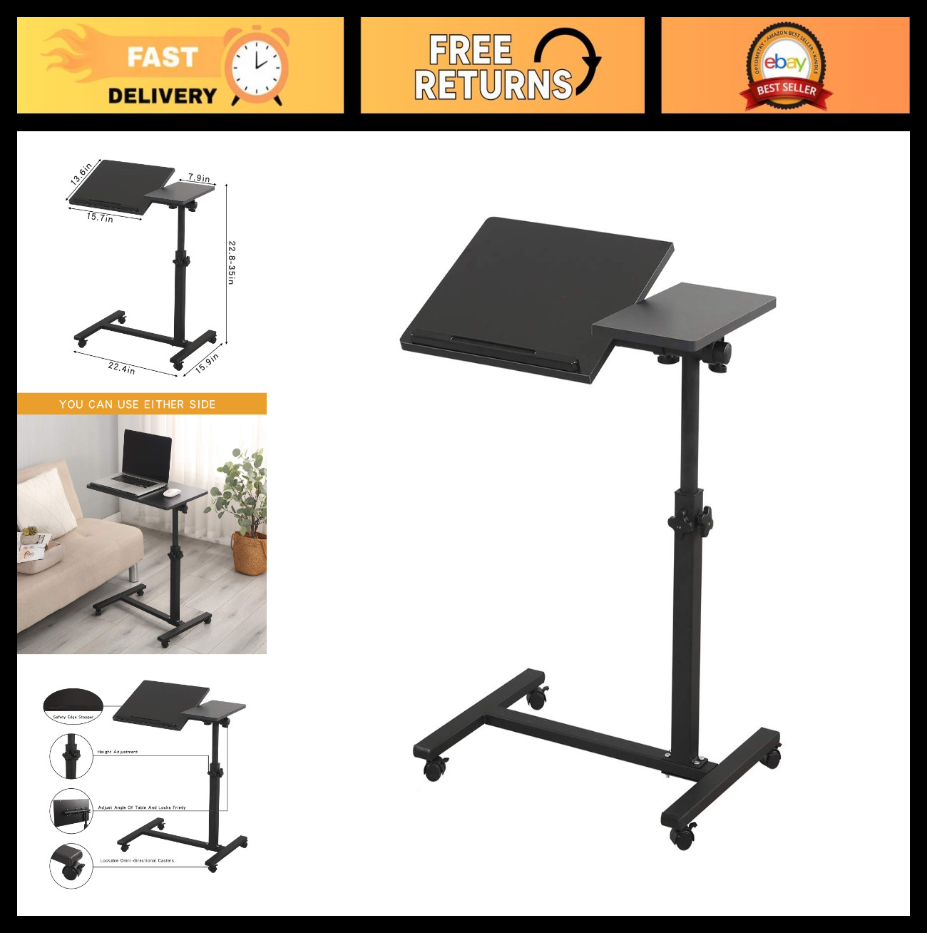Mobile Rolling Laptop Stand - Height Adjustable Overbed Table with Wheels, Tilti