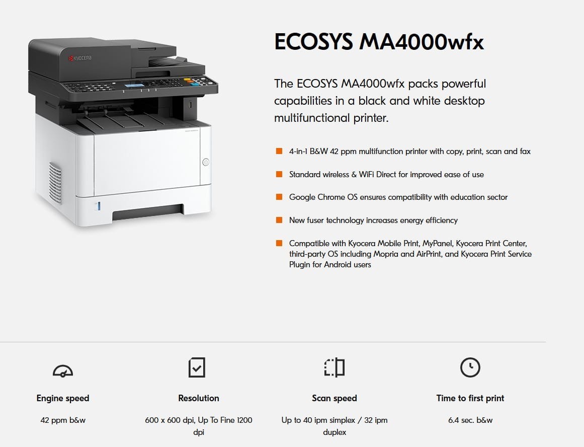 Kyocera ECOSYS MA4000wfx Multifunction Printer Monochrome [170C150US0]
