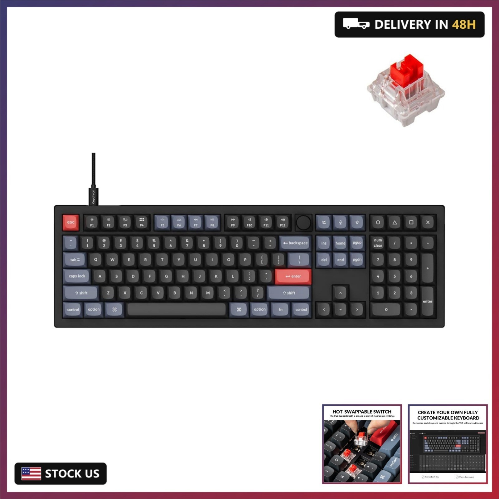 V6 Wired Custom Mechanical Keyboard Knob Version, Full-Size QMK/VIA Programmable