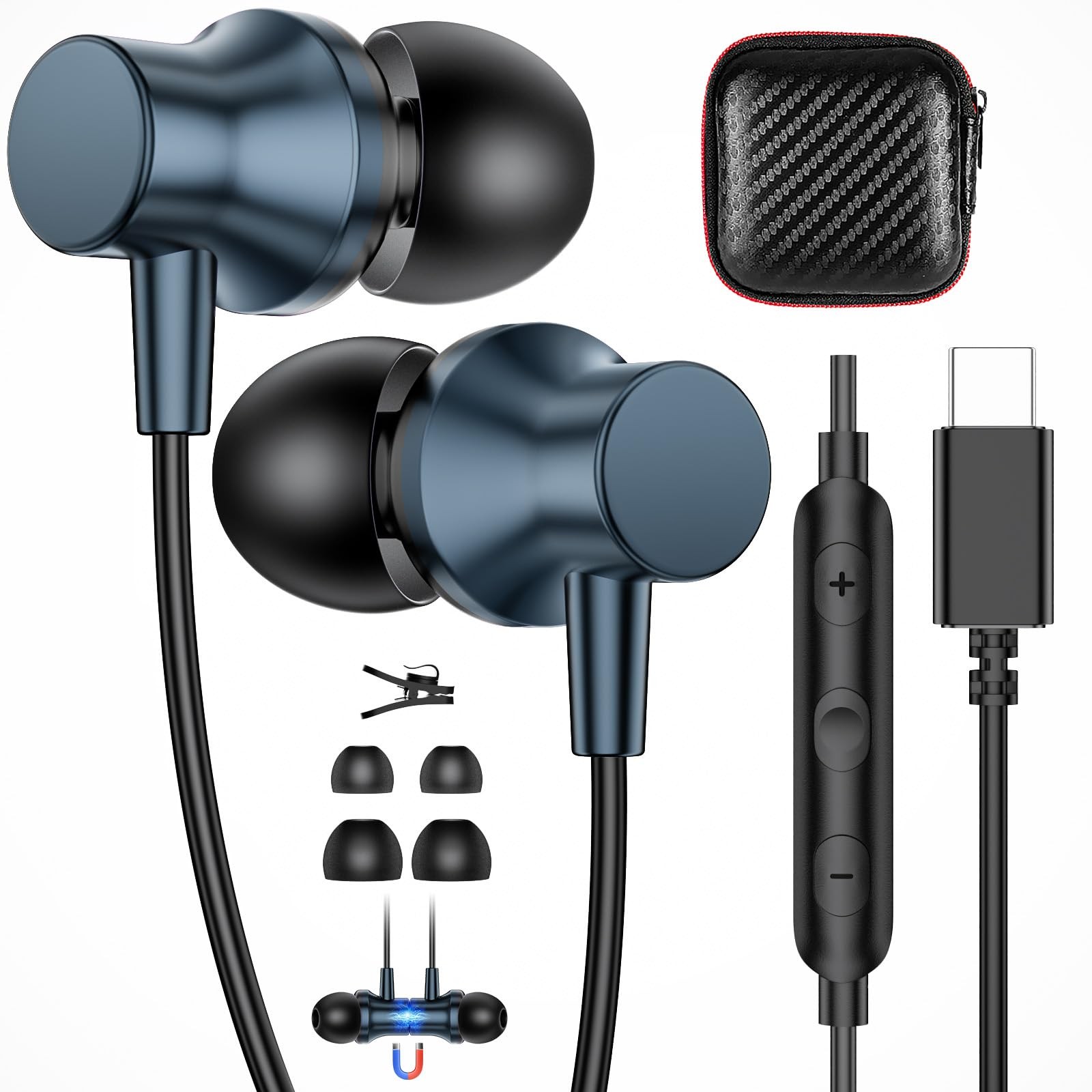 USB Wired Earbuds for iPhone 17 16 15 , Volume Control Navy