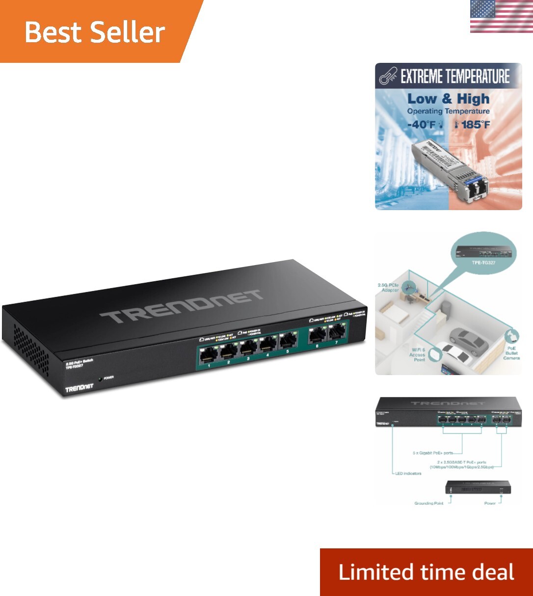 7-Port Multi-Gig PoE+ Switch, 5 x 1G RJ-45 PoE+ Base-T Ports, 2 x 2.5G RJ-45 ...