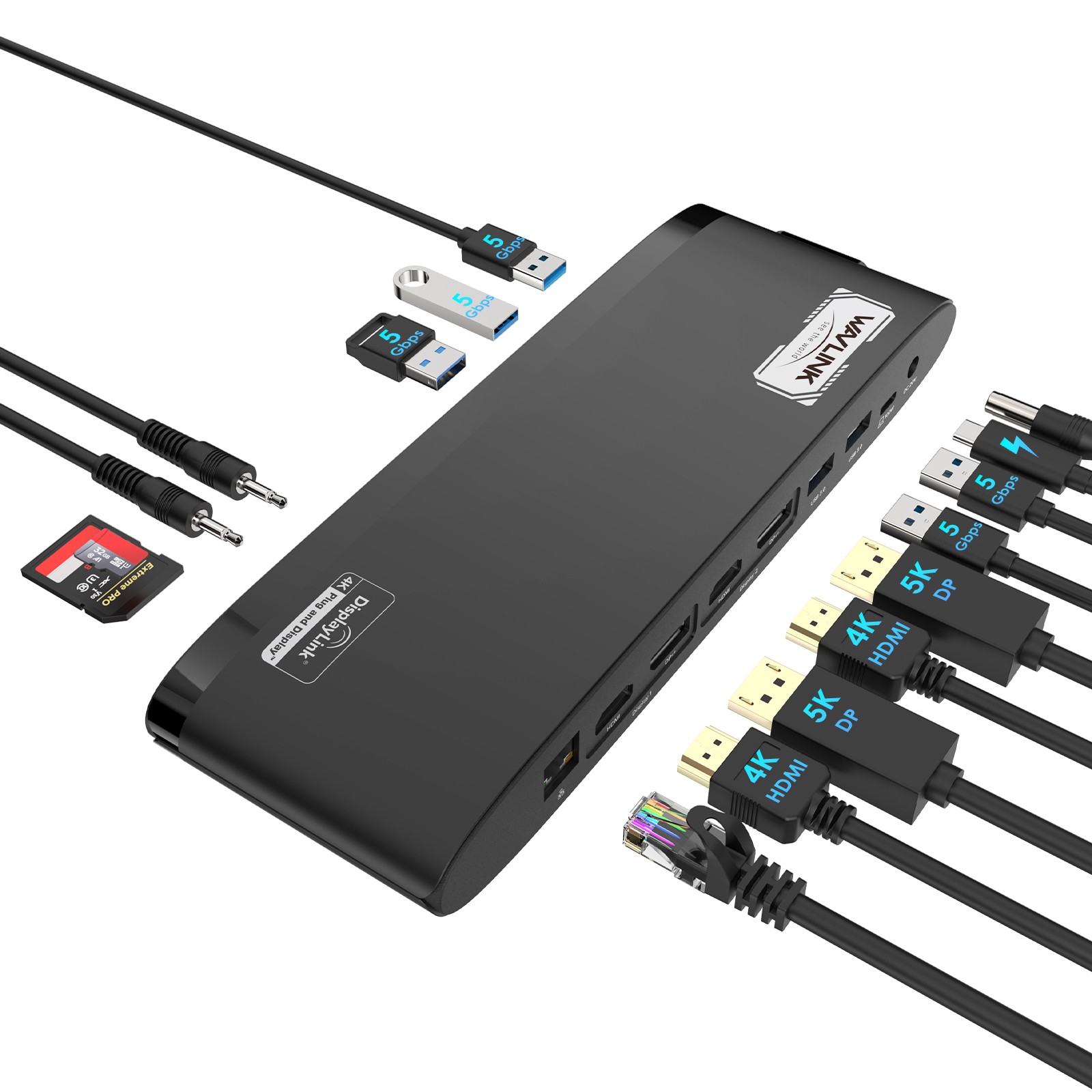 Dual 5K@60Hz Display DisplayLink Docking Station 100W Charging 5x USB-A Ethernet