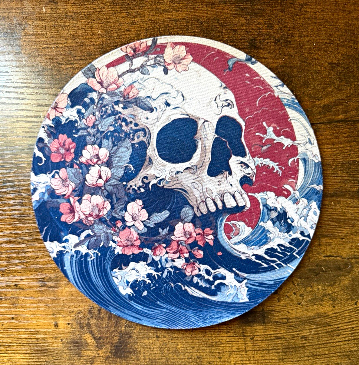 Round Non-Slip Mouse Pad, Skull Waves & Cherry Blossom Floral Design