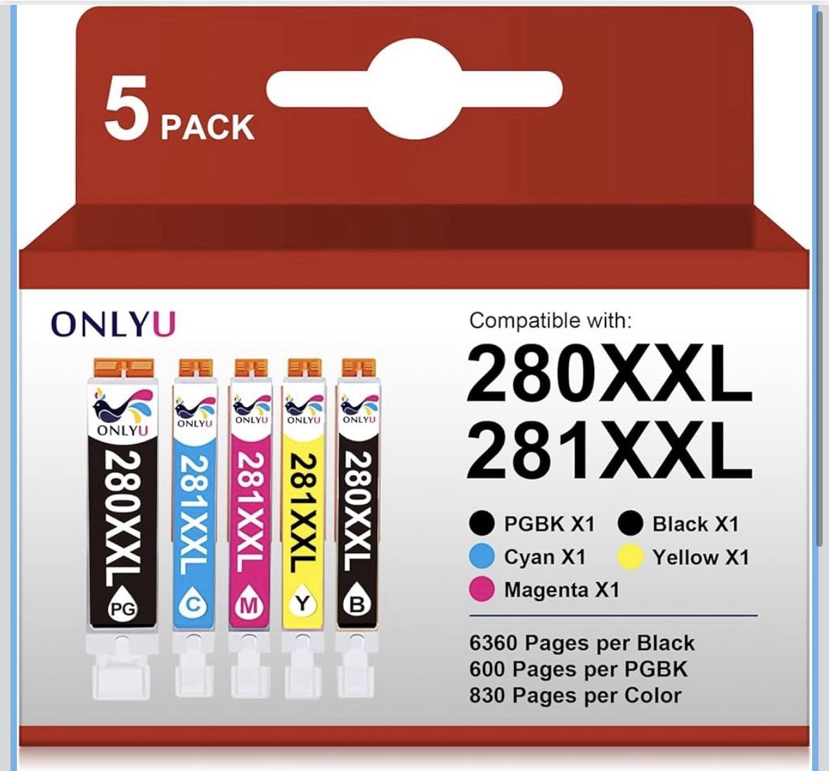 ONLYU Compatible Ink Cartridge 5-Pack for Canon 280XXL 281XXL TR7520 TS6120