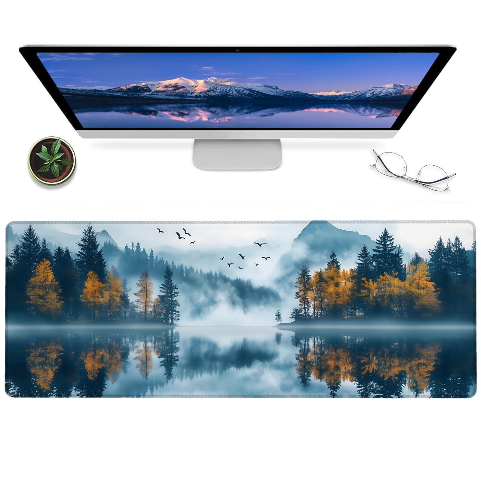 Mountain Lake Autumn Forest Gaming Mouse Pad Large Desk Mat 12x31.5 Inch