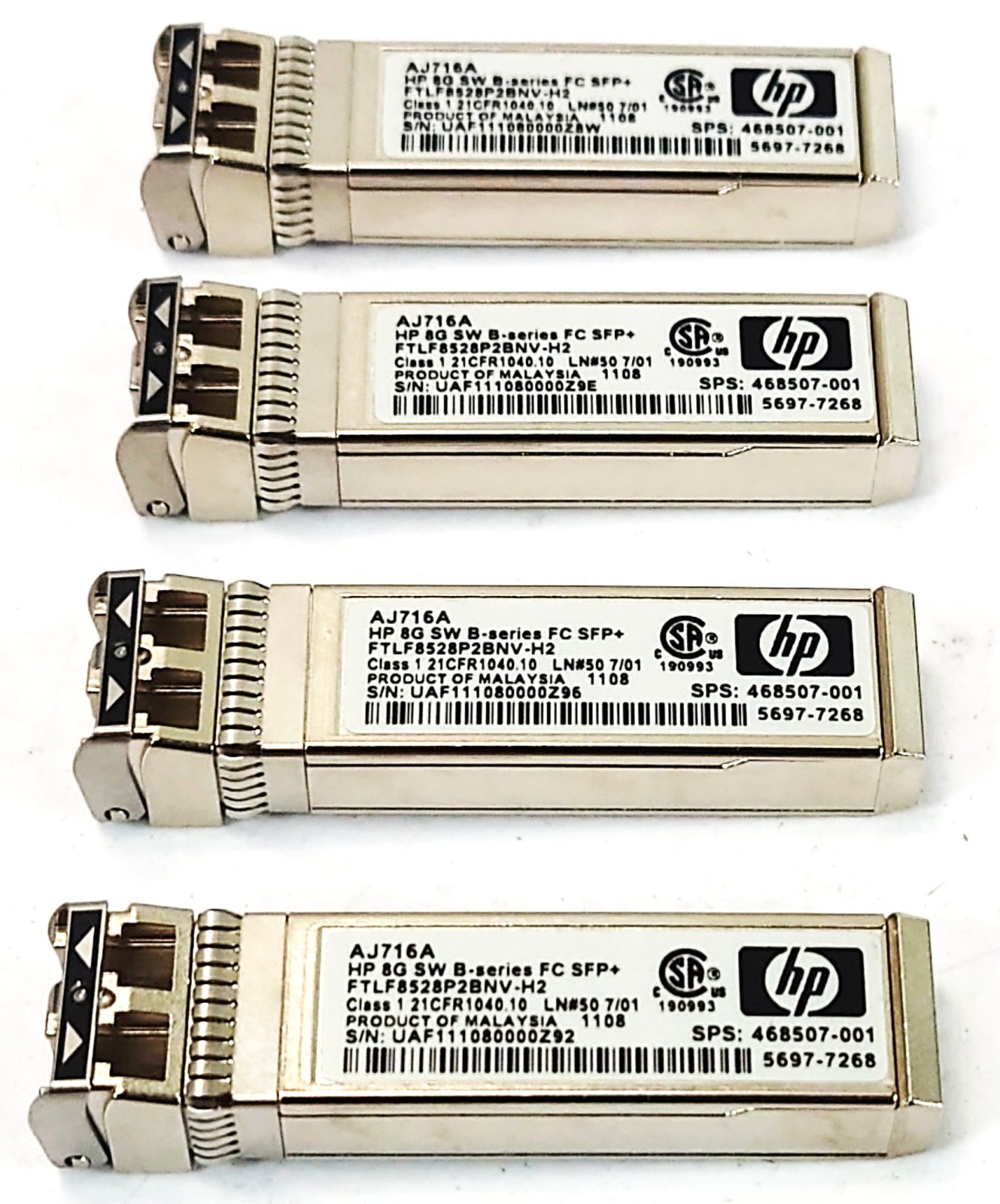 4x HP AJ716A 8G SW B-Series FC SFP+ Transceiver 468507-001 FTLF8528P2BNV-H2