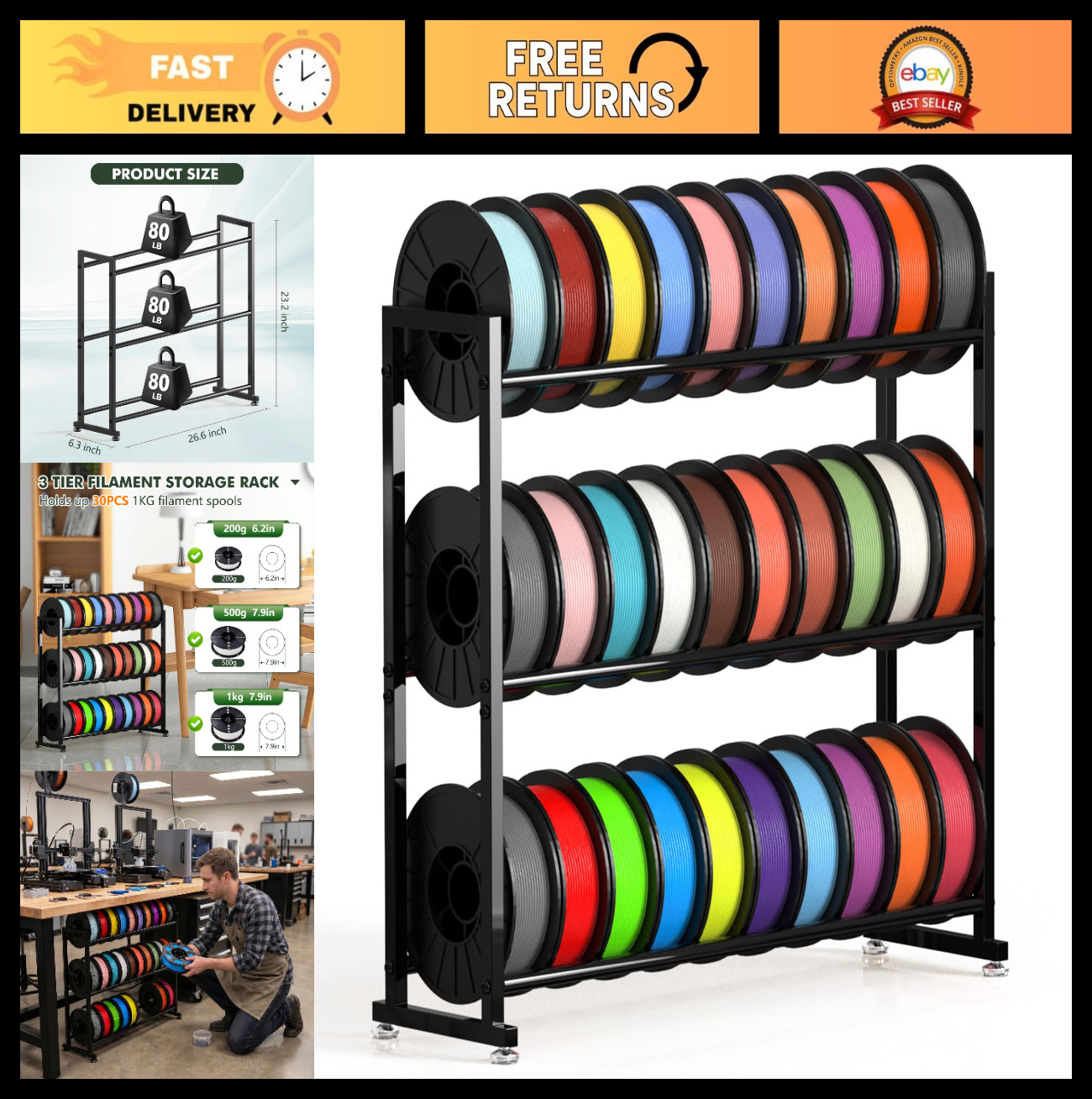 3-Tier Heavy Duty 3D Printer Filament Storage Rack for 30 Rolls - Metal Spool Sh