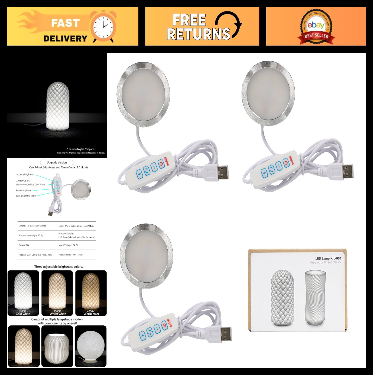 3PCS LED Lamp Kit - 3 Colors for 3D Printers, USB Powered, Warm Light DIY Parts