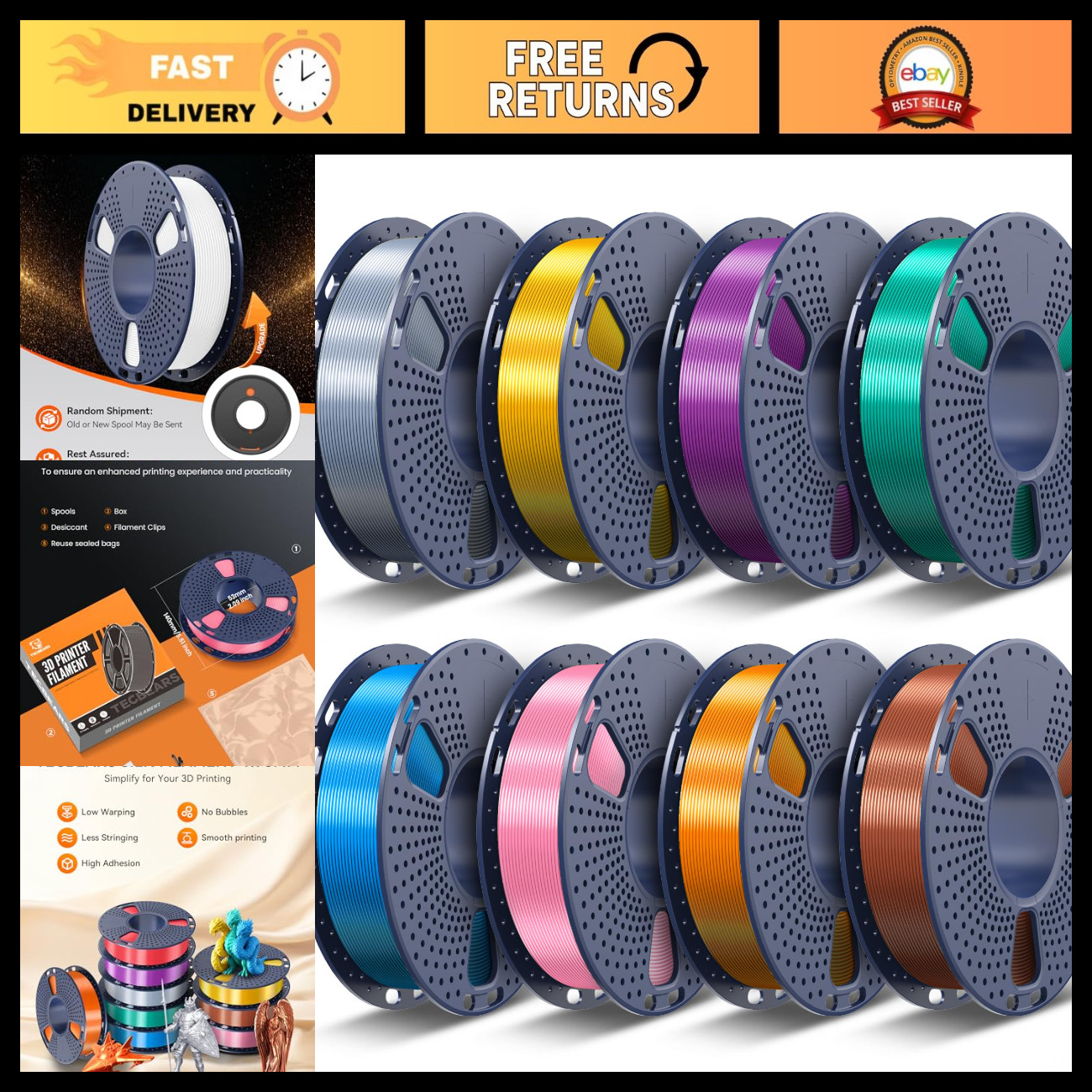 Silk PLA 3D Printer Filament 1.75mm, Smooth Shiny Surface, 250g Spool, 8 Colors