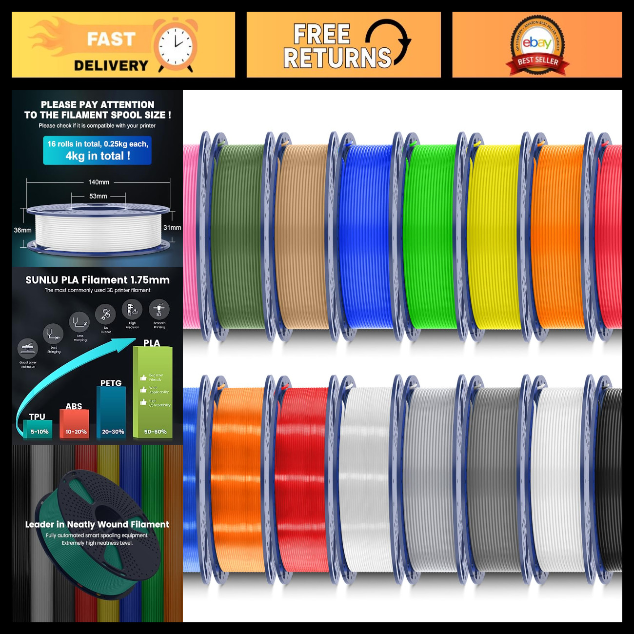 250G PLA Filament 16 Color Bundle - Multicolor 4kg Total for 3D Printing