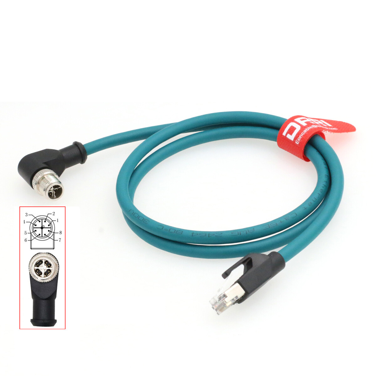 Right angle M12 X-Code 8pin to RJ45 Cat6 Cable fr industrial network application
