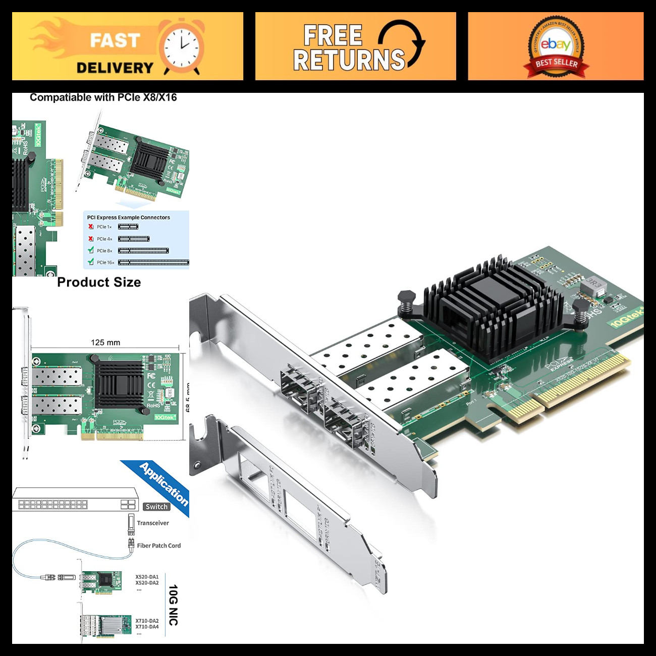 10Gb PCI-E NIC Network Card, Dual SFP+ Ports, Intel 82599ES, Ethernet Adapter fo