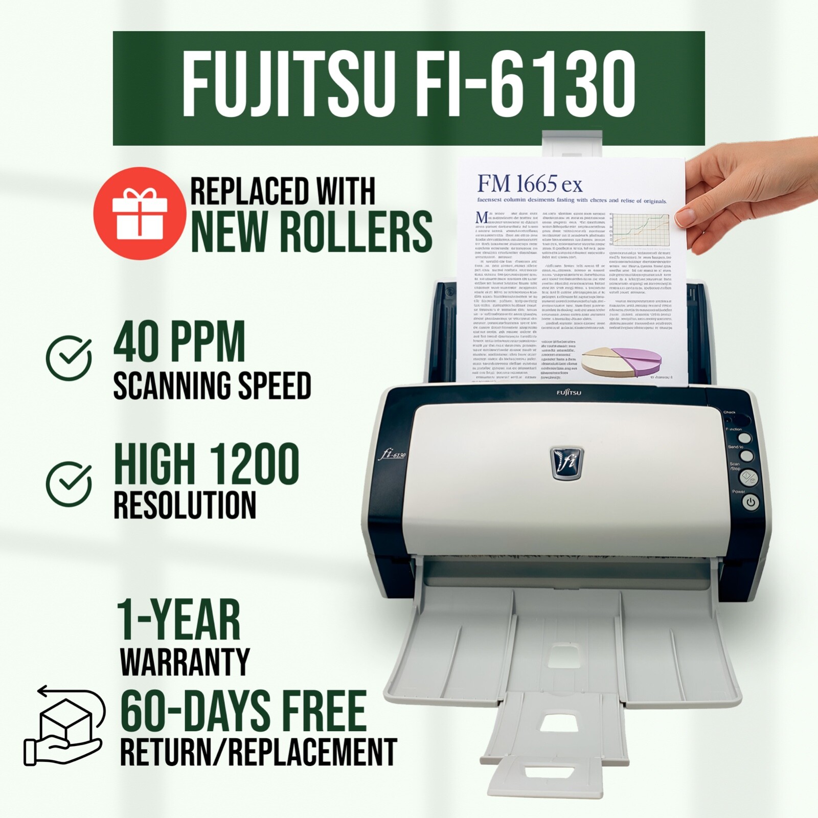 Fujitsu Fi-6130 Scanner COMPLETE SET (Adapter + USB + Drivers) - 1 YEAR WARRANTY