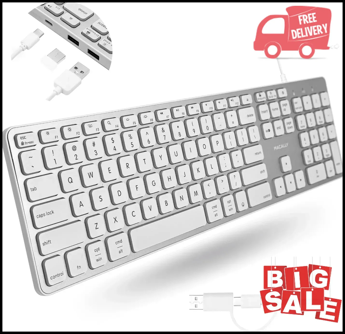 Wired Keyboard for Mac with USB Hub (2X USB-A / 1X USB-C) - Compatible Backlit A