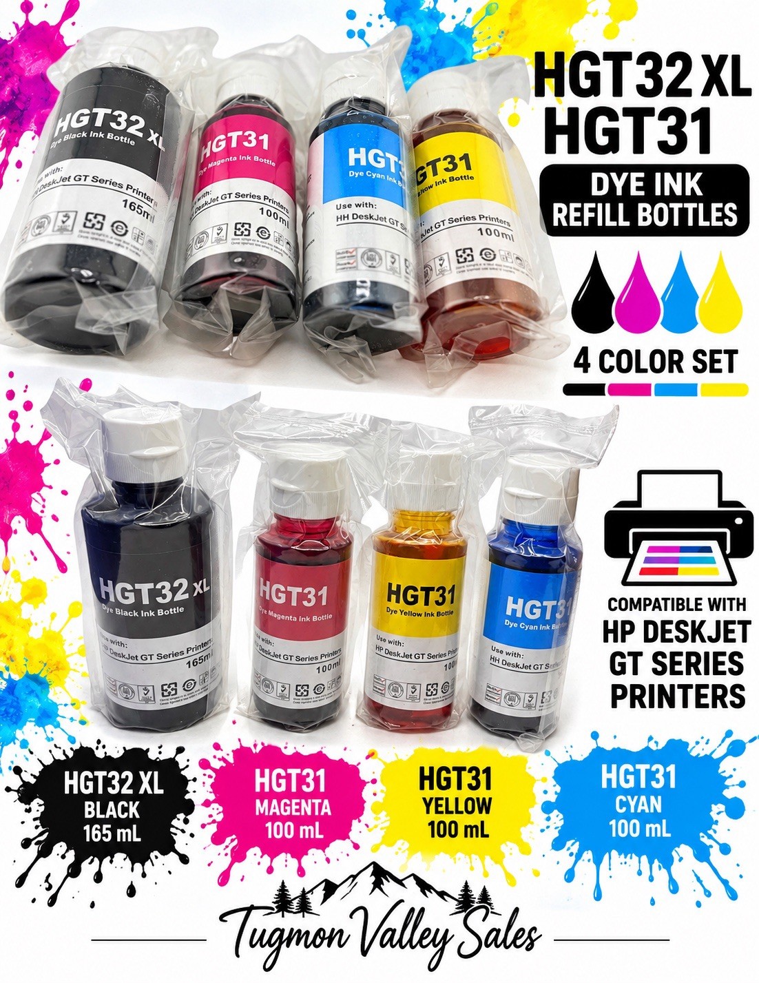 HGT32 XL HGT31 Printer Ink Refill Bottles 4 Color Set Black Cyan Magenta Yellow