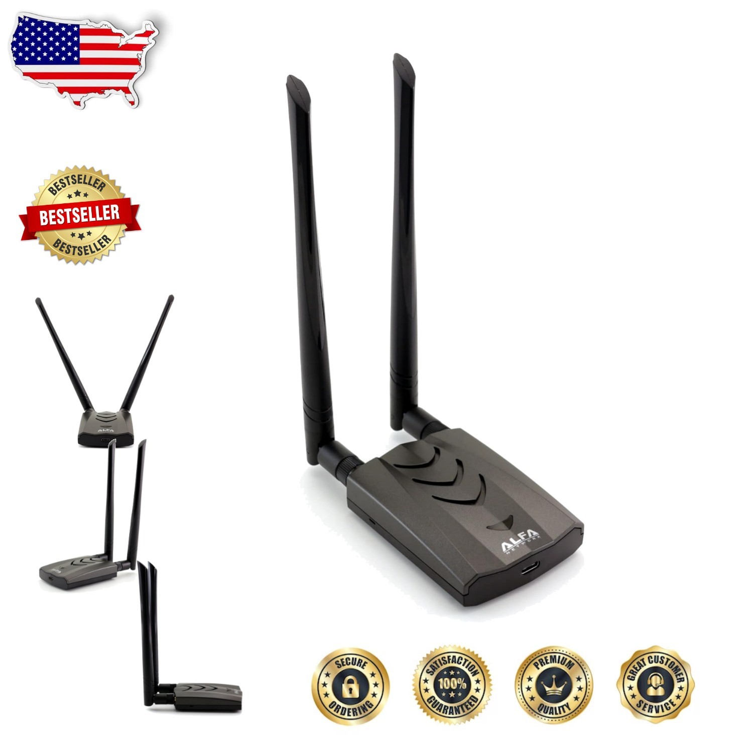 Alfa AWUS036AC Wi-Fi Adapter - Powerful Dual-Band AC1200 USB 3.0, 5dBi Antennas
