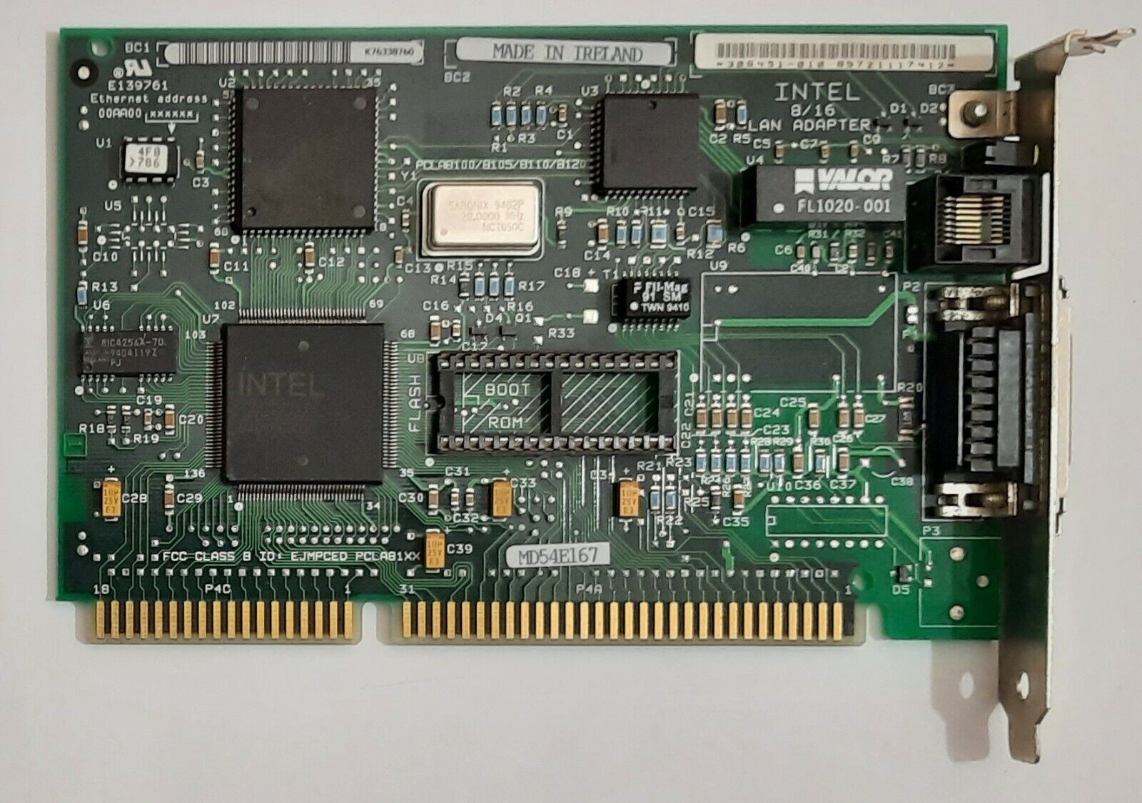 Intel 8/16 LAN Adapter ISA Network Card (RJ45, Retro, 1994)
